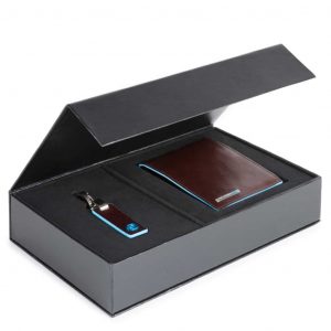 Confezione regalo Piquadro portafoglio uomo e portachiavi Blue Square mogano