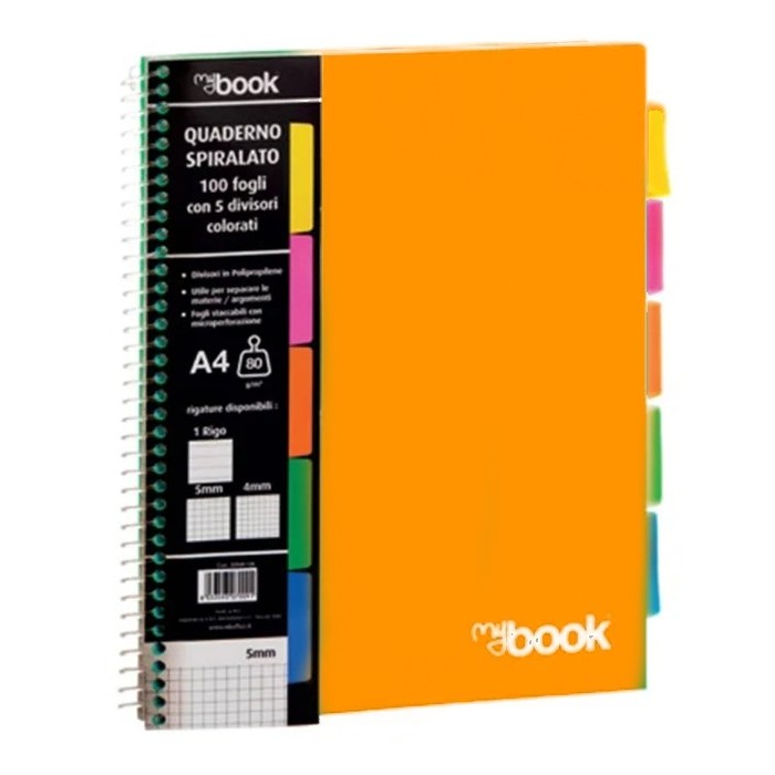 Quaderno Spiralato Mybook con 5 divisori 100 fogli 4 fori A4 5mm Colori  Assortiti a 6.90