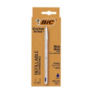 Bic Cristal Re-New 1mm penna sfera refillabile inchiostro blu 1 penna argento + 2 refil