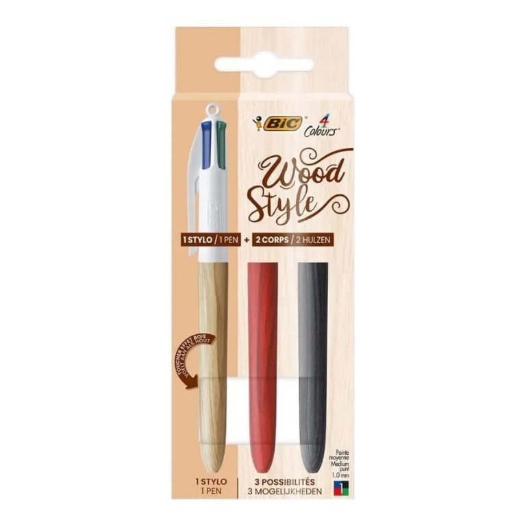 Penna 4 colori Bic Wood + 2 Corpi intercambiabili effetto Legno