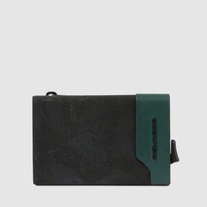 Compact Wallet Piquadro porta Monete con Sliding System in Pelle e Tessuto Verde
