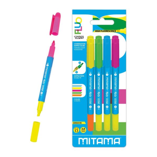 Mitama Evidenziatori Doppia punta FLUO TWICE 4 pezzi Colori FLUO su linait