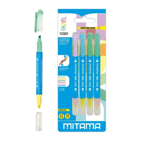 Mitama Evidenziatori Doppia punta FLUO TWICE 4 pezzi Colori PASTEL su linait