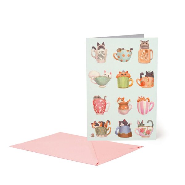 LARGE GREETING CARD - CATS TEA CUP su linait
