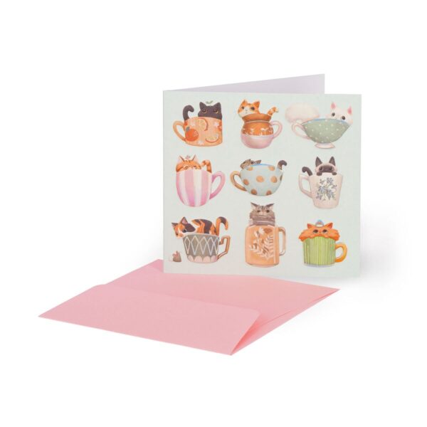 SMALL GREETING CARD - CATS TEACUP su linait